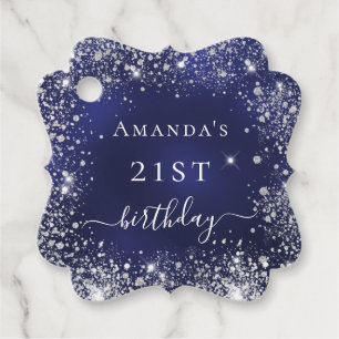 Birthday navy blue silver glitter dust monogram favour tags