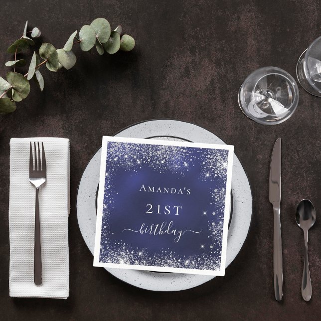 Birthday navy blue silver glitter dust monogram napkin (Creator Uploaded)