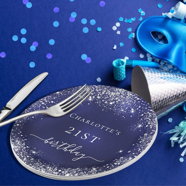 Birthday navy blue silver glitter dust monogram paper plate (Creator Uploaded)