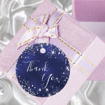 Birthday navy blue silver glitter dust thank you favour tags<br><div class="desc">A girly and trendy favour tag for a 21st (or any age) birthday party. A navy blue background decorated with faux silver glitter dust. On front: The text: Thank You is written with a large trendy hand lettered style script. Back: The text: Thank you for coming. Personalise and add a...</div>