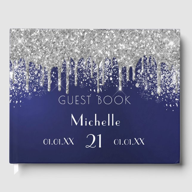 Birthday navy blue silver glitter monogram  guest book (Front)