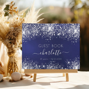 Birthday navy blue silver glitter monogram guest book