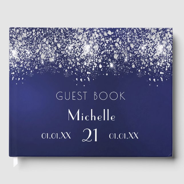 Birthday navy blue silver glitter monogram guest book (Front)