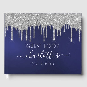 Birthday navy blue silver glitter monogram script guest book