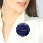 Birthday navy blue silver glitter name tag 6 cm round badge<br><div class="desc">A gift or party favour for a 18th (or any age) birthday. Navy blue backround, the blue colour is uneven. Decorated with faux silver glitter. Personalise and add a date, name and age/event. White letters. Can be used as a name tag or as a Save the Date for your guests....</div>