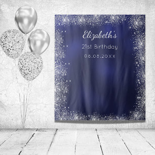 Birthday navy blue silver glitter photo backdrop tapestry