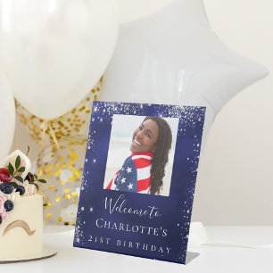 Birthday navy blue silver glitter photo welcome  pedestal sign