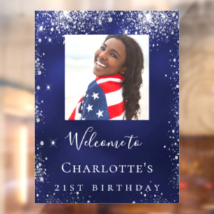 Birthday navy blue silver glitter photo welcome window cling