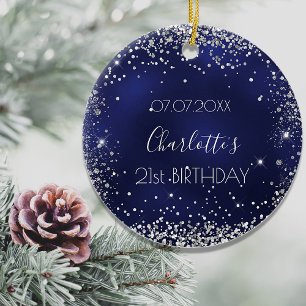 Birthday navy blue silver glitter sparkles ceramic tree decoration