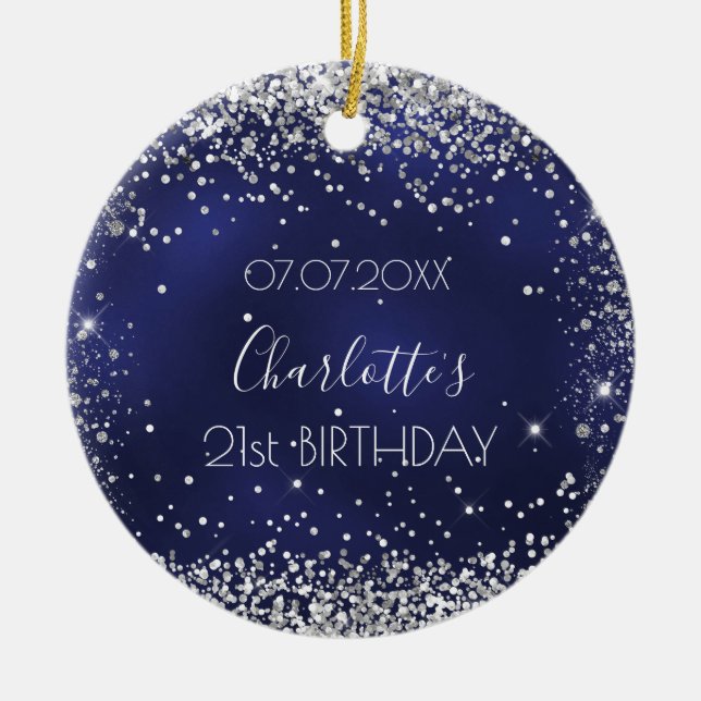 Birthday navy blue silver glitter sparkles friends ceramic tree decoration (Front)