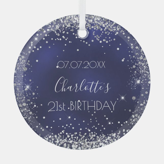 Birthday navy blue silver glitter sparkles glass tree decoration (Front)