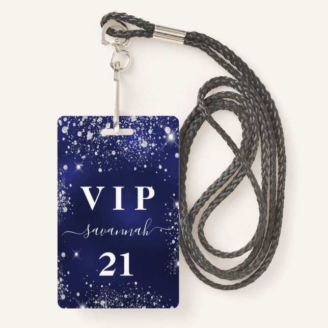 Birthday navy blue silver glitter vip invitation ID badge (Front with Lanyard)