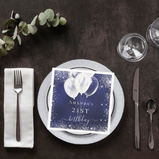 Birthday navy blue silver glitter white balloons napkin