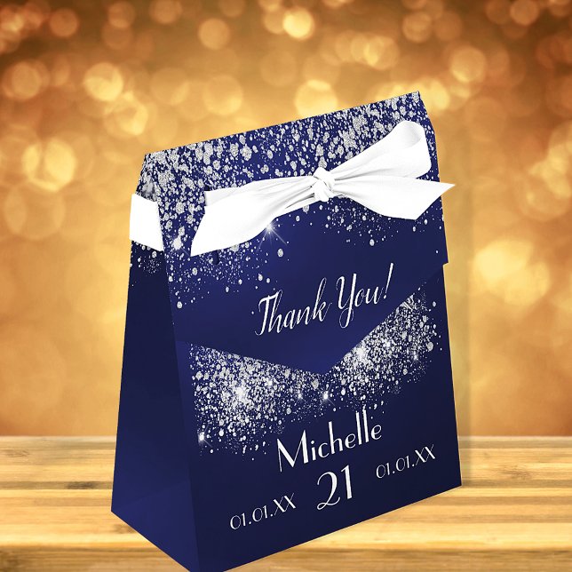 Birthday navy blue silver glitter white monogram favour box (Creator Uploaded)