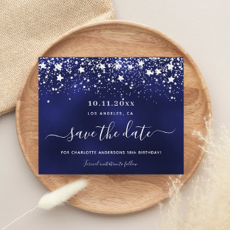 Birthday navy blue silver party save the date card