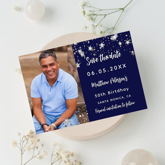 Birthday navy blue silver photo save the date announcement postcard (Creator Uploaded)