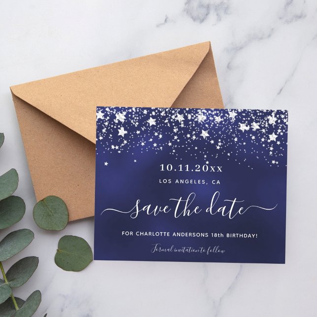 Birthday navy blue silver save date party budget flyer (Creator Uploaded)