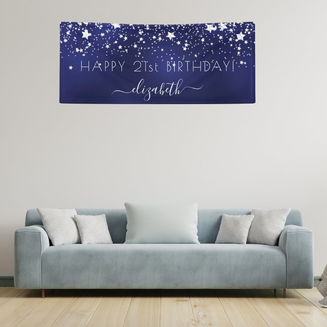 Birthday navy blue silver stars name party banner (Creator Uploaded)