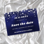 Birthday navy blue silver stars save date card<br><div class="desc">A Save the Date for a 50th (or any age) birthday party. A navy blue coloured background. The blue colour is uneven. Decorated with faux silver stars. For both him and her.</div>