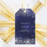 Birthday navy blue silver thank you gift tags<br><div class="desc">For a girly and glamorous 21st (or any age) birthday party.  A navy blue background with elegant faux silver sparkles. The blue color is uneven. On the front: Personalize and add a name and age 21. 
Back: add your thank you note and name.</div>