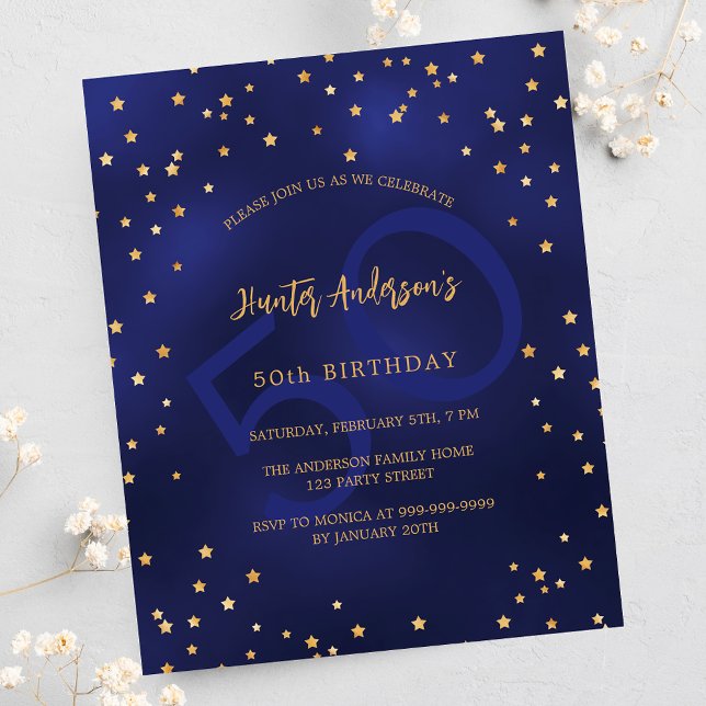 Birthday navy blue stars number budget invitation (Creator Uploaded)