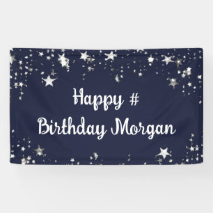 Birthday Navy Blue Stars Script Personalised Banner