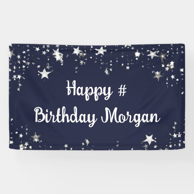 Birthday Navy Blue Stars Script Personalised Banner (Horizontal)