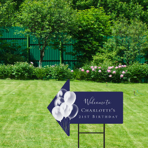 Birthday navy blue white balloons name arrow garden sign