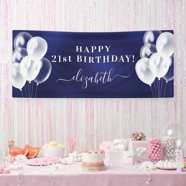 Birthday navy blue white balloons name script banner (Party)