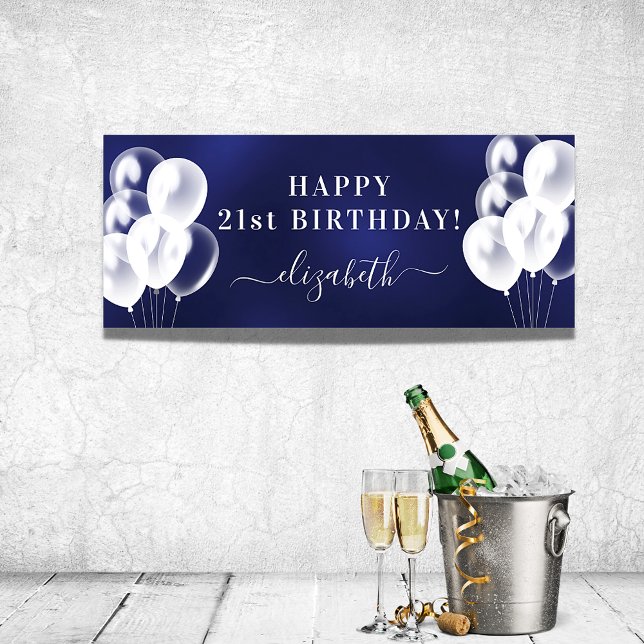 Birthday navy blue white balloons name script poster (Creator Uploaded)