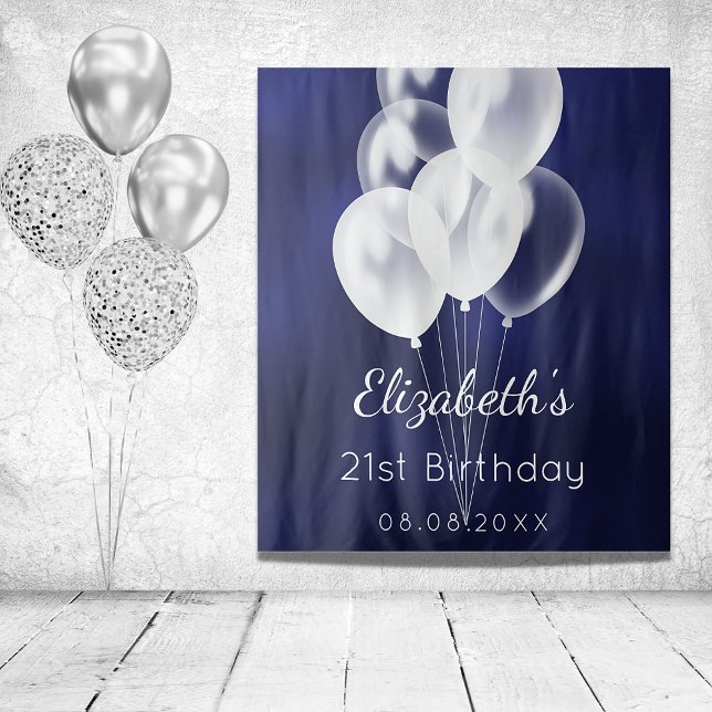Birthday navy blue white balloons name tapestry (Creator Uploaded)