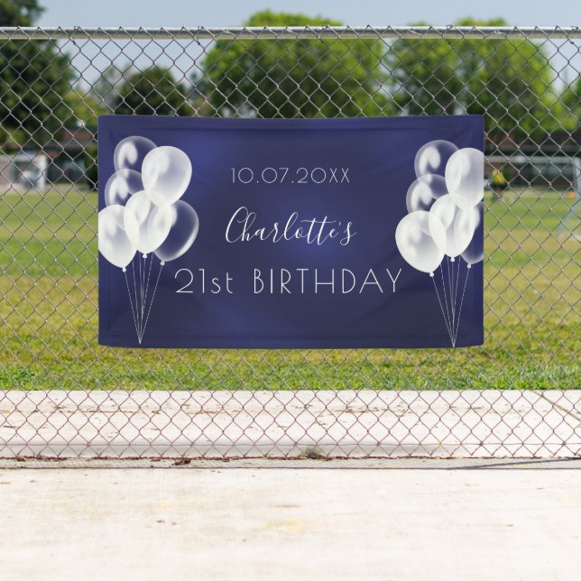 Birthday navy blue white balloons party banner (Insitu)
