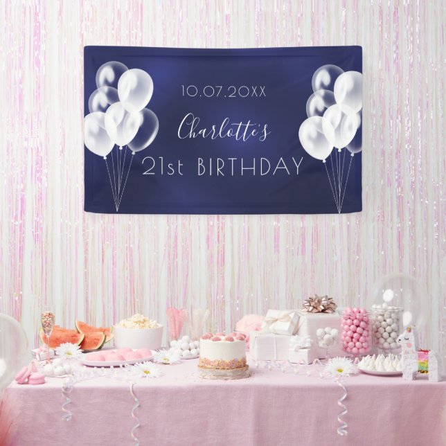 Birthday navy blue white balloons party banner (Party)