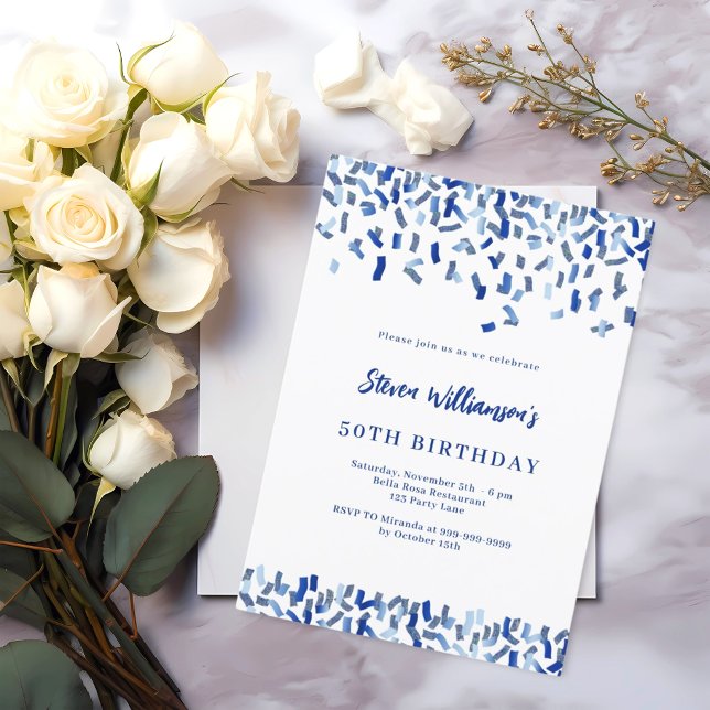 Birthday navy blue white confetti men guy invitation (Creator Uploaded)