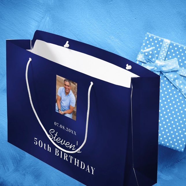 Birthday navy blue white custom photo monogram large gift bag (Creator Uploaded)