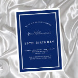 Birthday navy blue white minimalist men guy invita invitation<br><div class="desc">A modern,  elegant and invitation.  A navy blue background decorated with white frames.  Personalise and add a name and details. White text.</div>