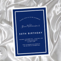 Birthday navy blue white minimalist men guy invita