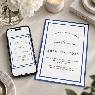 Birthday navy blue white minimalist men guy invitation