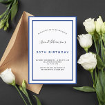 Birthday navy blue white minimalist men guy invitation<br><div class="desc">A modern,  elegant and invitation.  A white background decorated with navy blue frames.  Personalise and add a name and details. Black and blue coloured letters.</div>