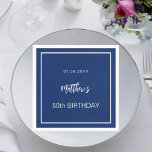 Birthday navy blue white minimalist men guy napkin<br><div class="desc">A navy blue background decorated with a white frame.  Personalise and add a date,  name,  age.</div>