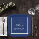 Birthday navy blue white minimalist men guy paper plate<br><div class="desc">A navy blue background decorated with a white frame.  Personalise and add a date,  name,  age.</div>