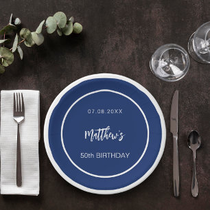 Birthday navy blue white minimalist men guy paper plate
