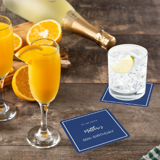 Birthday navy blue white minimalist men guy square paper coaster