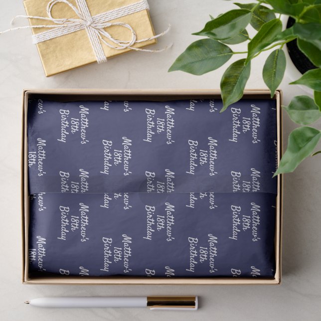 Birthday navy blue white name script minimalist tissue paper (Gift)