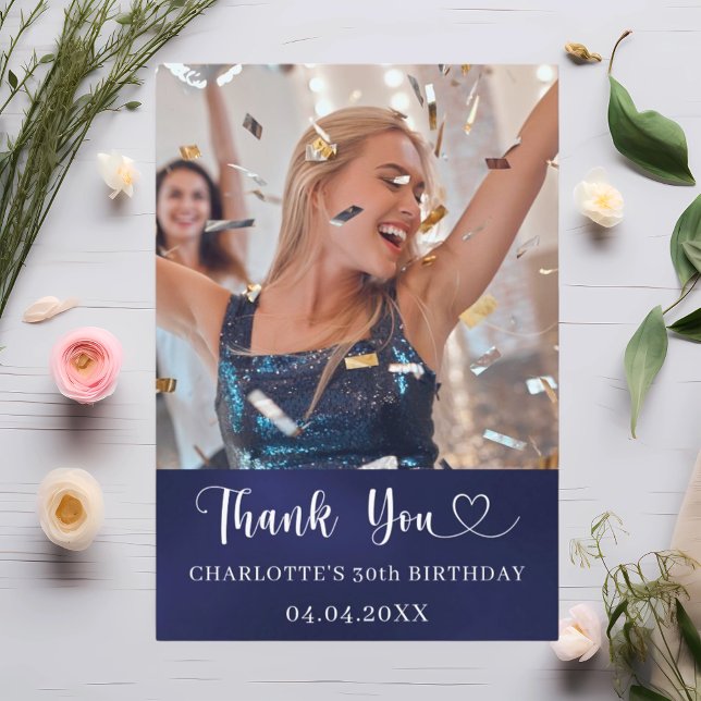 Birthday navy blue white photo heart thank you card (Creator Uploaded)