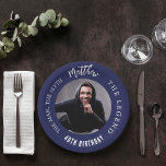 Birthday navy blue white photo man myth legend paper plate<br><div class="desc">A classic navy blue background.   Text: The Man,  The Myth,  The Legend. Personalize and add his name,  age and photo. White text.</div>