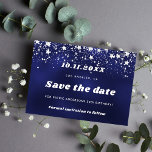 Birthday navy blue white stars save the date<br><div class="desc">A Save the Date for a 50th (or any age) birthday party. A navy blue coloured background. Decorated with stars. For both him and her.</div>