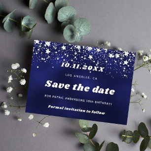 Birthday navy blue white stars save the date