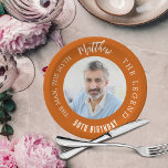 Birthday navy burnt orange photo man myth legend paper plate<br><div class="desc">A trendy burnt orange background.   Text: The Man,  The Myth,  The Legend. Personalise and add his name,  age and photo. White text.</div>
