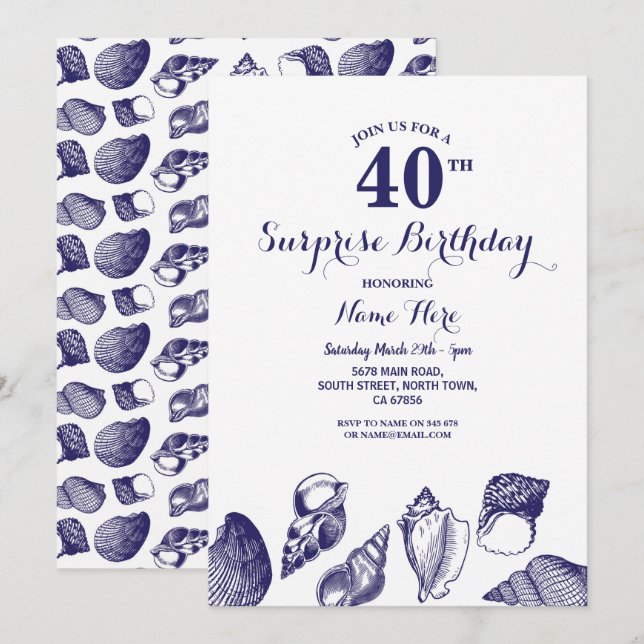 Birthday Navy Party Shells Ocean Beach Sea Invitation (Front/Back)